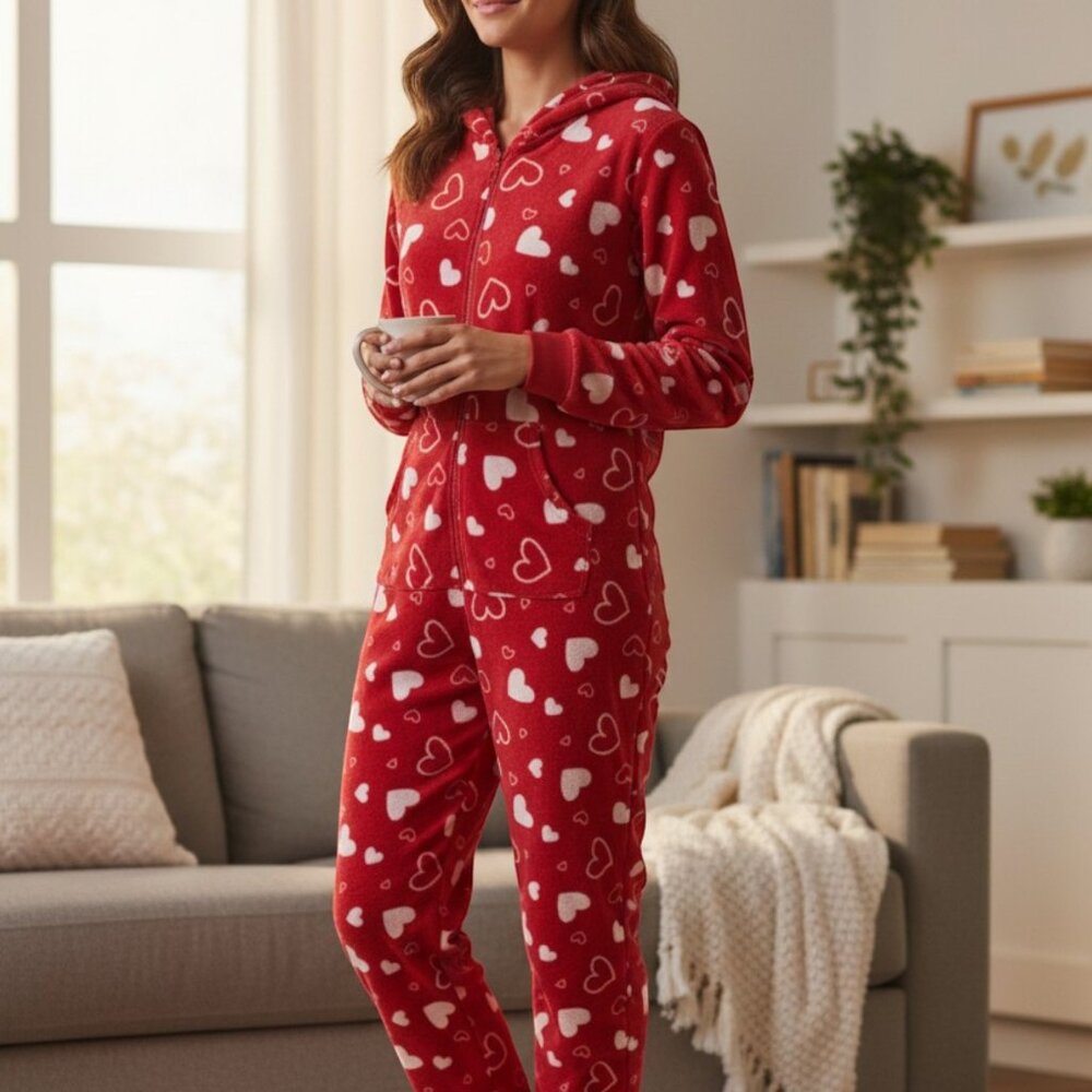 Angelina Red Heart Print Hooded One-Piece Pajamas | Zip-Up Fleece | S/M & L/XL - Picture 3 of 9